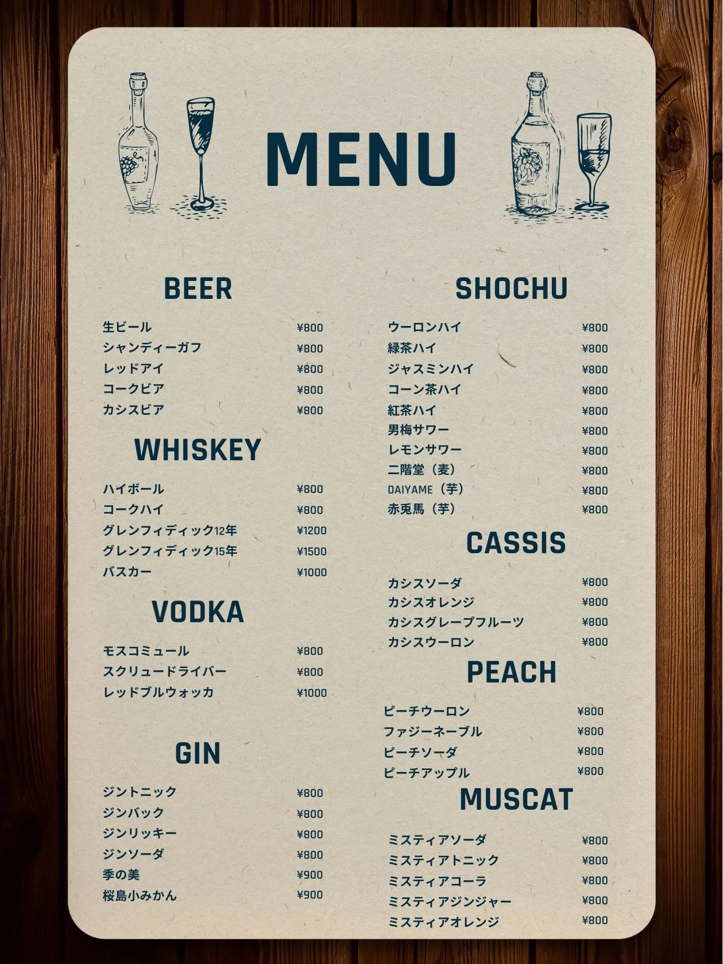 物価上昇に伴い2月より1部ドリンクやシャンパンが値上がります...